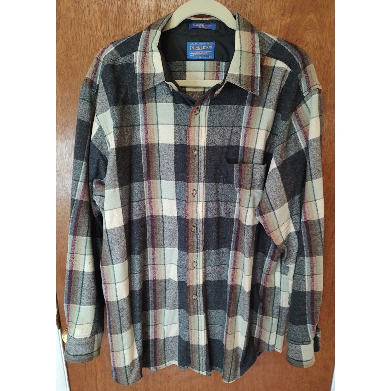 Pendleton Size Xl Gray/Burgundy Plaid Wool Button Down Shirt W/ Many Small Holes